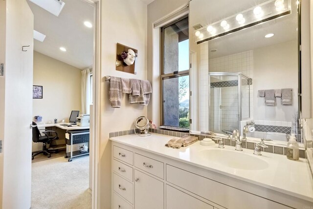15615 Pauma Valley Dr, Pauma Valley, CA 92061 - full bathroom with a shower stall, vanity, and vaulted ceiling
