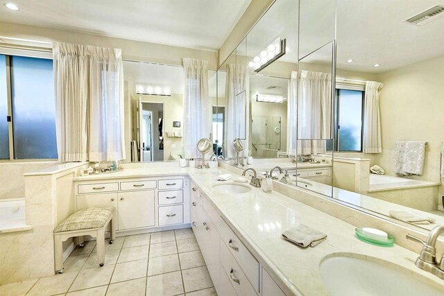 15615 Pauma Valley Dr, Pauma Valley, CA 92061 - bathroom featuring a garden tub, double vanity, tile patterned floors, a stall shower, and recessed lighting