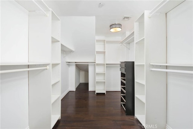 walk in closet with dark wood-type flooring