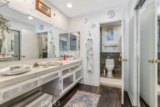 bathroom featuring vanity, wood-type flooring, and toilet