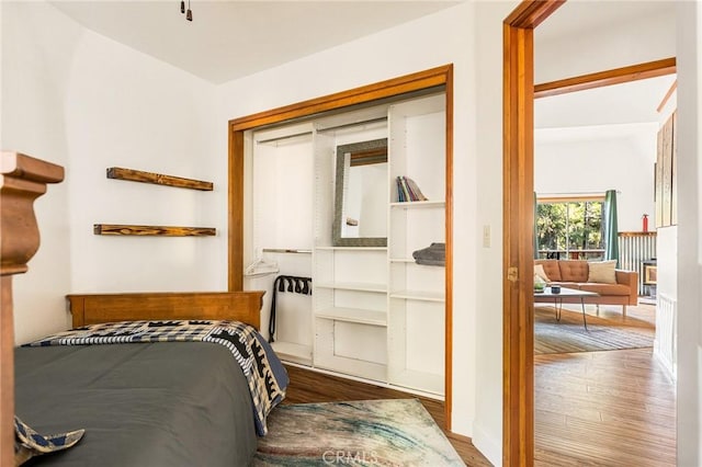 bedroom with wood-type flooring and a closet