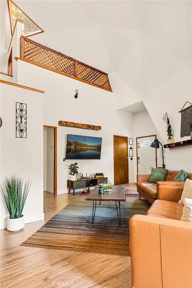 living room featuring hardwood / wood-style flooring and a high ceiling