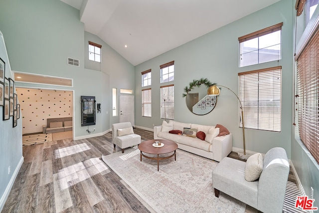 living room with high vaulted ceiling and hardwood / wood-style floors