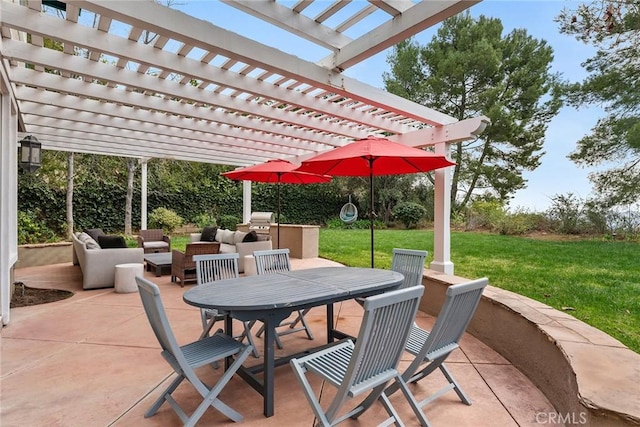 view of patio / terrace with an outdoor living space, a pergola, and exterior kitchen