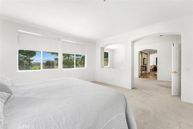 bedroom featuring ornamental molding and light colored carpet