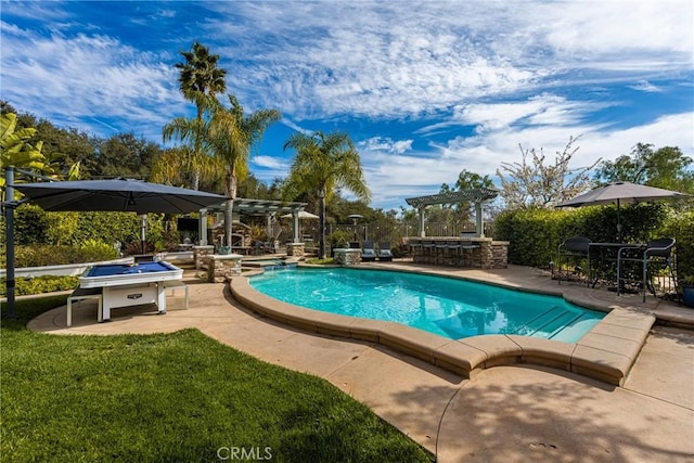 pool with a patio, a jacuzzi, and a pergola