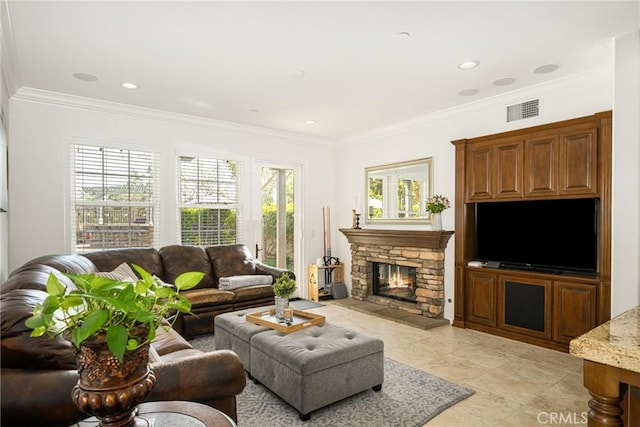 living room with recessed lighting, a fireplace, visible vents, and crown molding