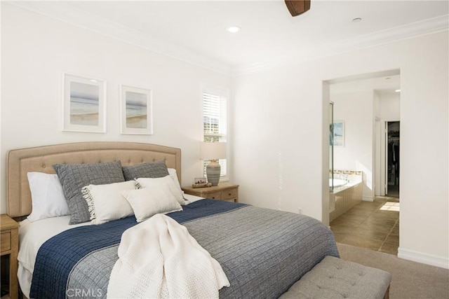 bedroom featuring baseboards, recessed lighting, light tile patterned flooring, and crown molding