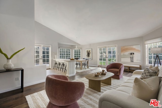 living room featuring plenty of natural light, dark wood-type flooring, high vaulted ceiling, and french doors