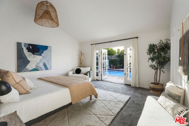 carpeted bedroom with lofted ceiling, access to outside, and french doors