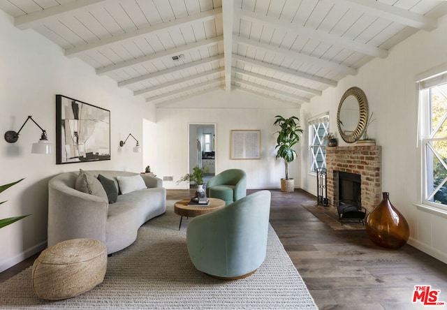 living room with a fireplace, wood ceiling, dark wood-type flooring, and lofted ceiling with beams