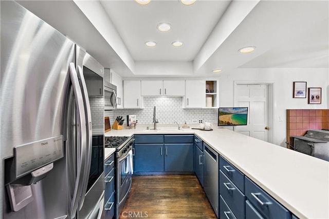 kitchen with appliances with stainless steel finishes, sink, white cabinets, a tray ceiling, and blue cabinetry