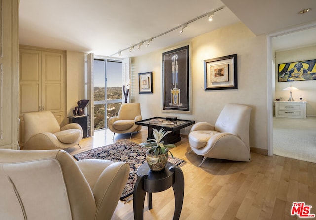 sitting room with track lighting, floor to ceiling windows, and light hardwood / wood-style flooring