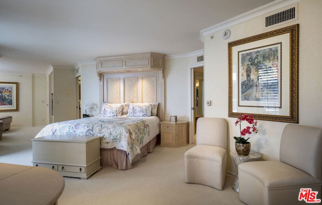 carpeted bedroom with crown molding