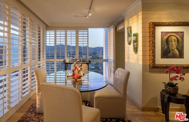 dining area featuring crown molding, rail lighting, and hardwood / wood-style flooring