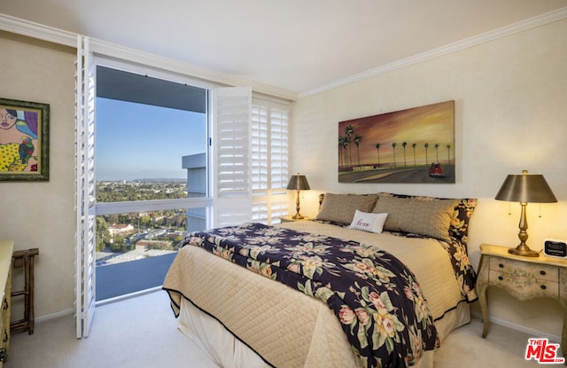 carpeted bedroom featuring crown molding