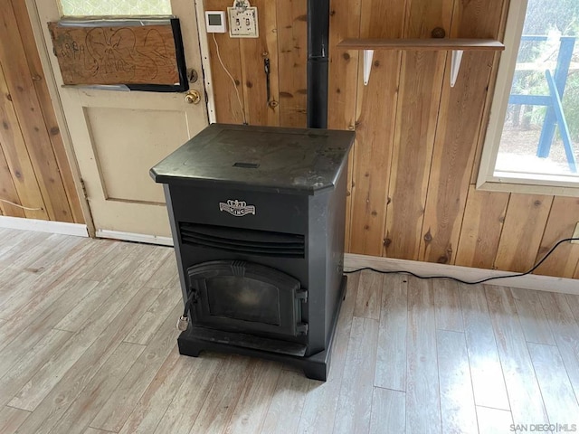 details with wood-type flooring, a wood stove, and wood walls