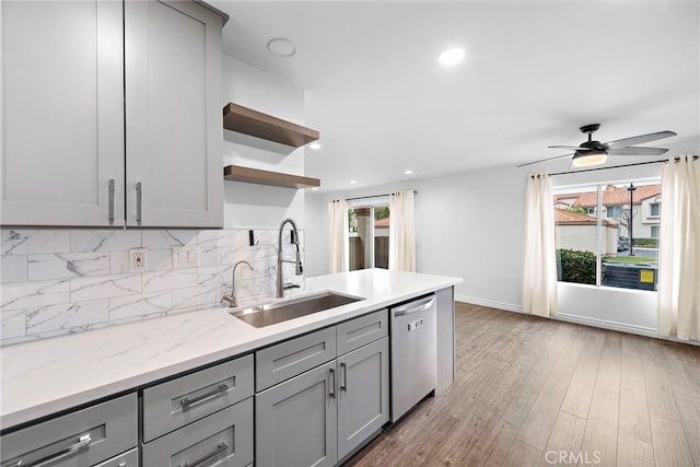 kitchen with dishwasher, sink, decorative backsplash, and gray cabinetry