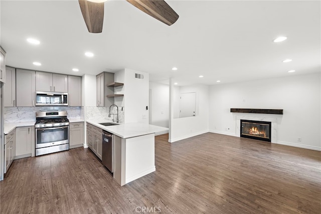 kitchen featuring gray cabinets, appliances with stainless steel finishes, sink, and kitchen peninsula