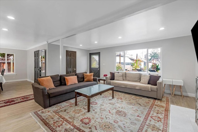 living room featuring ornamental molding and light wood-type flooring