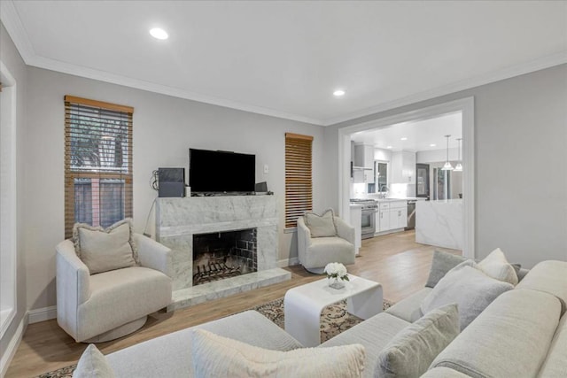 living room with a premium fireplace, ornamental molding, sink, and light hardwood / wood-style floors