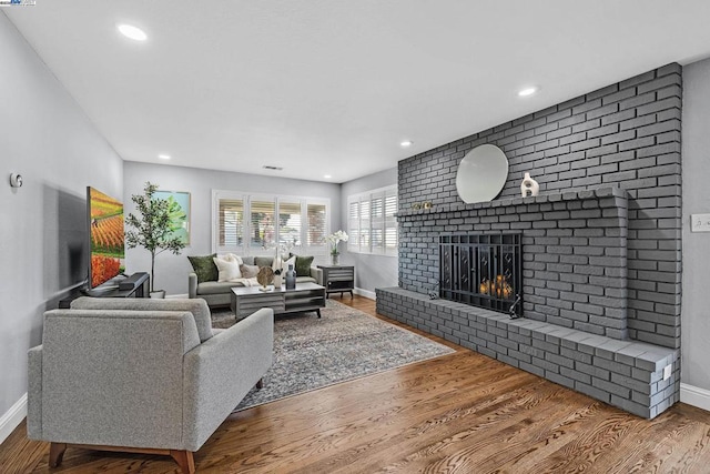 living room featuring a fireplace and wood-type flooring