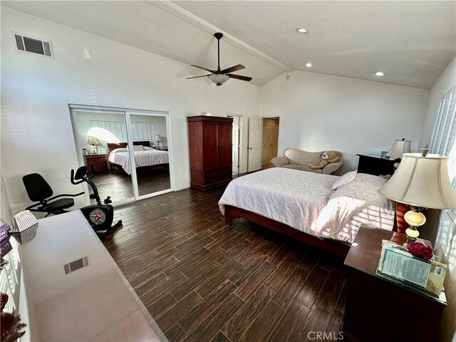 bedroom with high vaulted ceiling and ceiling fan