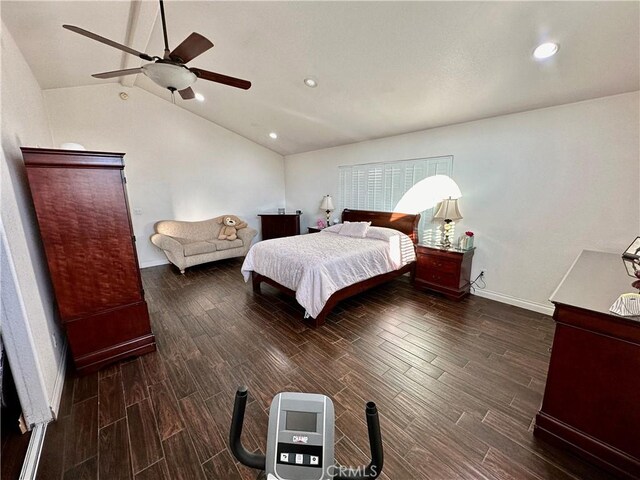 bedroom featuring ceiling fan and lofted ceiling