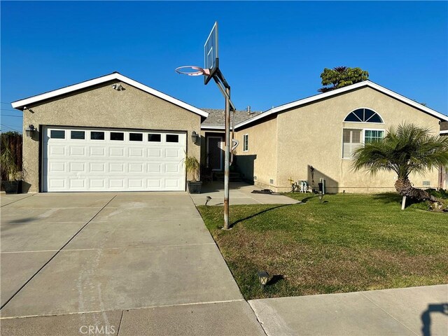 ranch-style house with a garage and a front yard