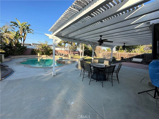 view of patio / terrace featuring a pool with hot tub, ceiling fan, and a pergola