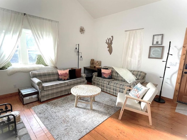 living room featuring wood-type flooring and vaulted ceiling