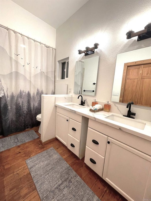 bathroom featuring vanity, toilet, and hardwood / wood-style floors