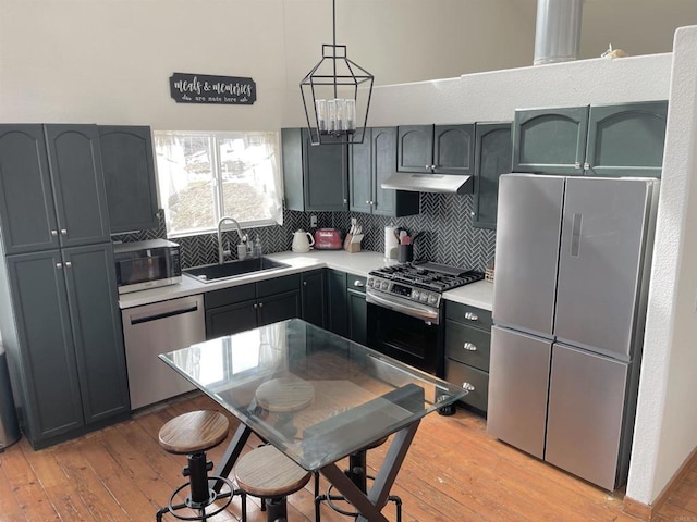 kitchen featuring appliances with stainless steel finishes, sink, decorative backsplash, hanging light fixtures, and light hardwood / wood-style flooring