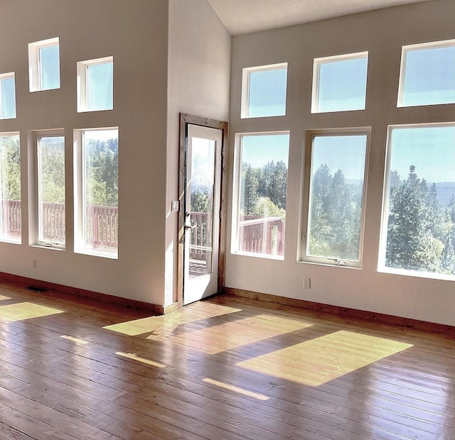 entryway featuring wood-type flooring, a towering ceiling, and baseboards