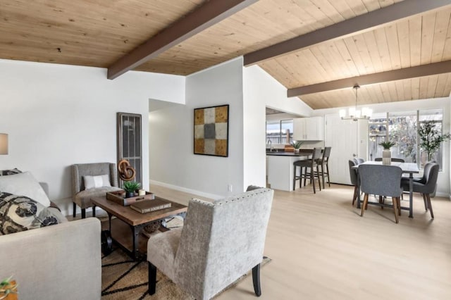 living room featuring vaulted ceiling with beams, a notable chandelier, plenty of natural light, and light wood-type flooring