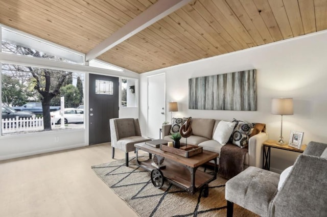 living room featuring vaulted ceiling with beams, wooden ceiling, and light wood-type flooring