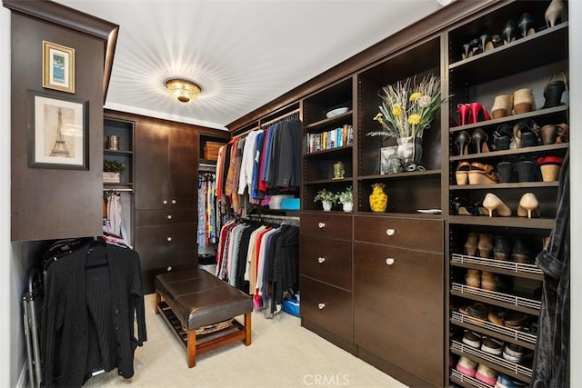 walk in closet featuring light carpet