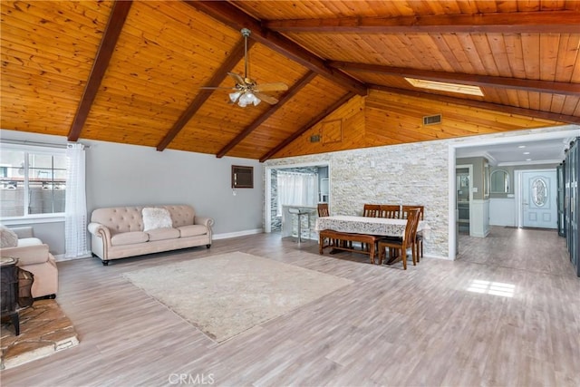 living area featuring baseboards, visible vents, beamed ceiling, ceiling fan, and wooden ceiling