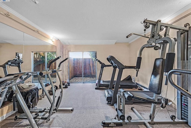 workout room featuring ornamental molding and a textured ceiling