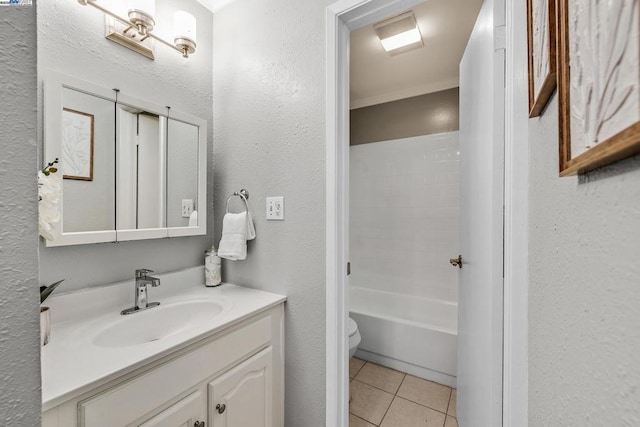 full bathroom with bathtub / shower combination, vanity, toilet, and tile patterned flooring