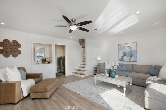 living room with sink, crown molding, light hardwood / wood-style flooring, and ceiling fan