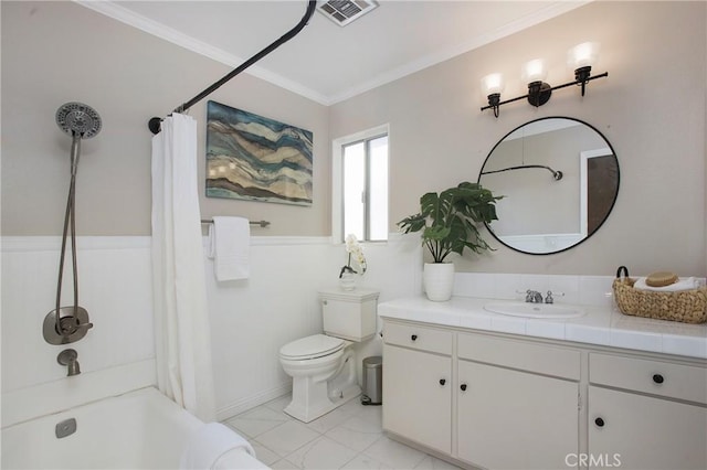 full bathroom featuring crown molding, vanity, shower / bath combination with curtain, and toilet