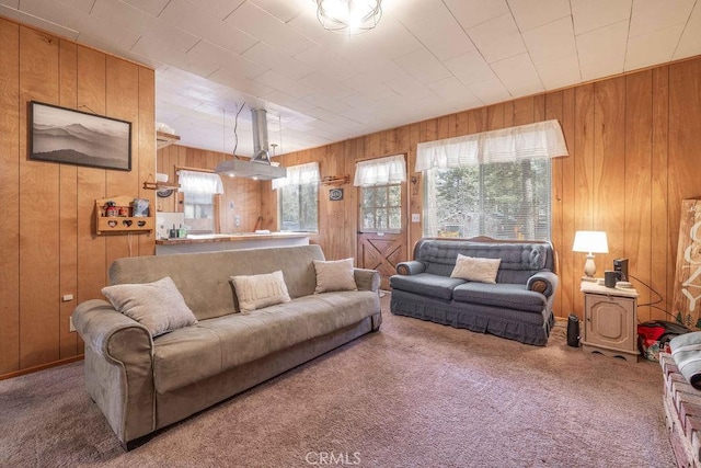 living room featuring wooden walls and carpet flooring