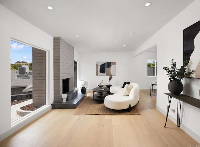 living room with plenty of natural light, a fireplace, and light hardwood / wood-style floors