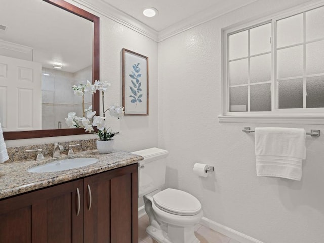 bathroom featuring a shower with door, tile patterned flooring, vanity, ornamental molding, and toilet