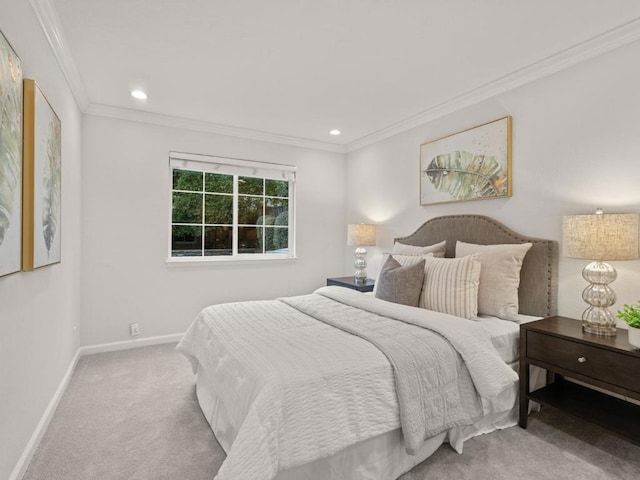 carpeted bedroom featuring ornamental molding