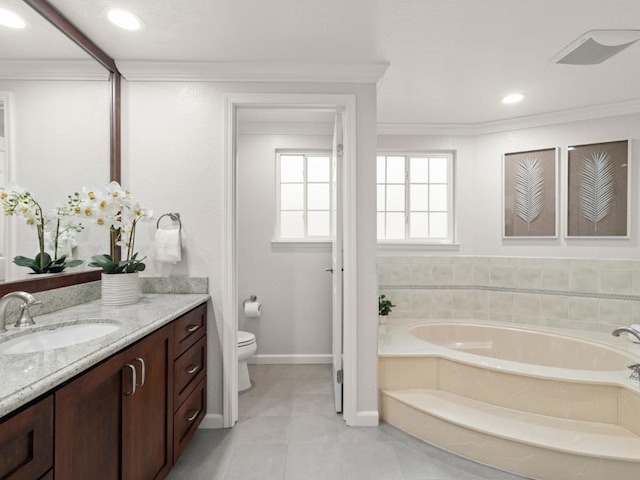 bathroom with toilet, vanity, a bath, and crown molding