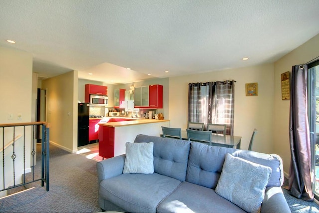 carpeted living room with plenty of natural light and a textured ceiling