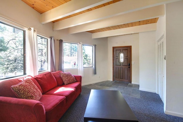 living room with dark carpet, wood ceiling, and beam ceiling