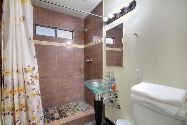 bathroom with toilet, sink, and walk in shower